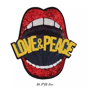Red Sequin Lips Mouth Teeth Love & Peace New